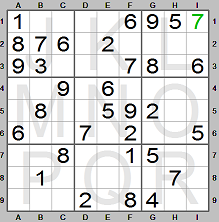 Step 1 in solving Sudoku puzzle made by the Sudoku Instructions program